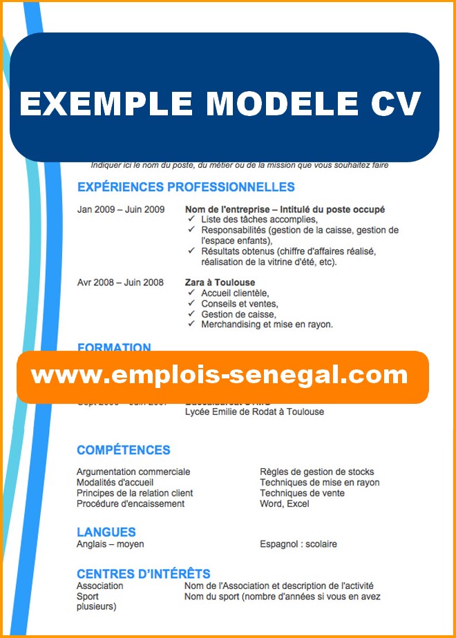Exemple De Cv Etudiant Sans Experience Professionnelle Emplois Senegal